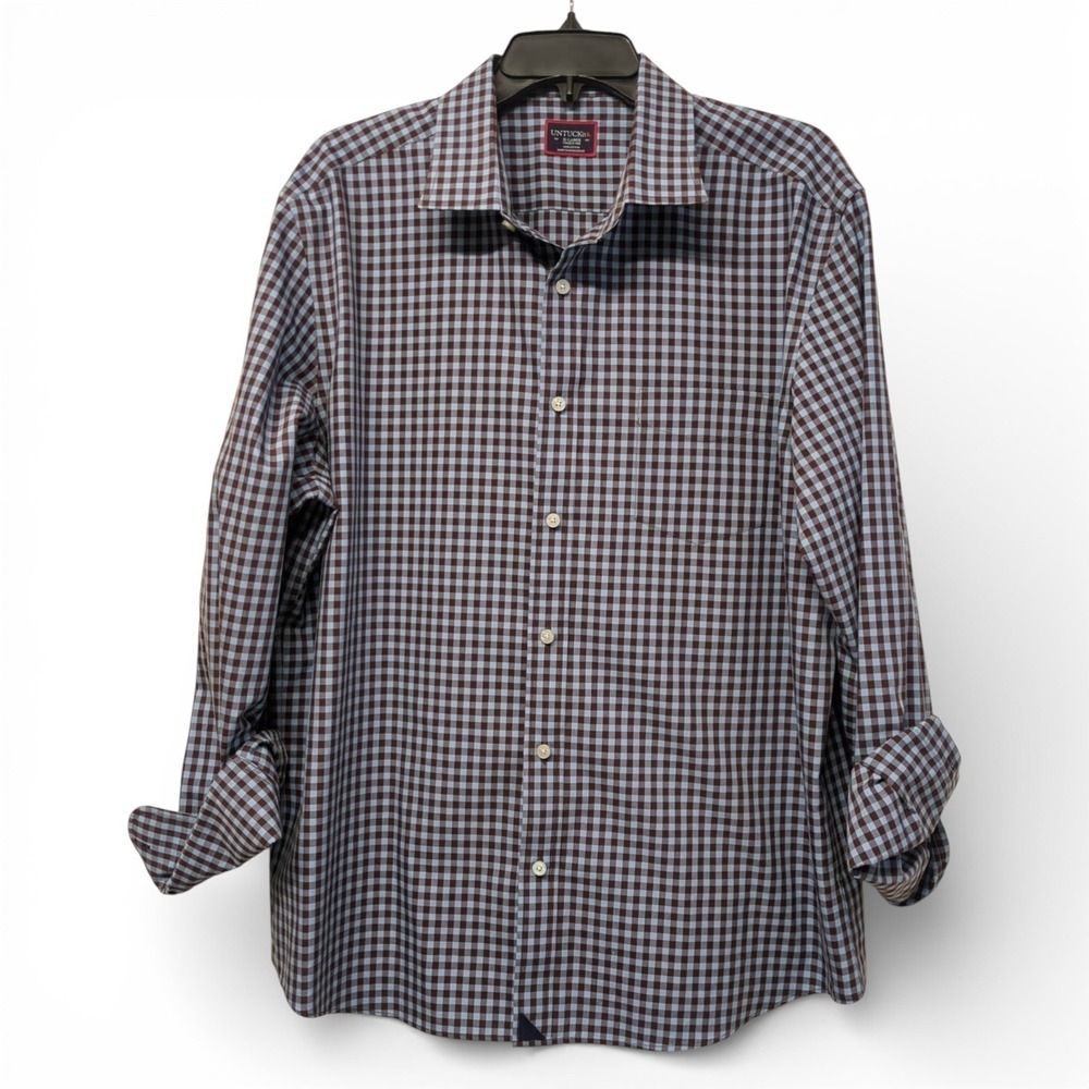 Untuckit Brown Blue Checked Button Long Sleeve Shirt XL 100% Cotton Work